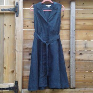 Navy linen blend jacquard weave old money look midi dress